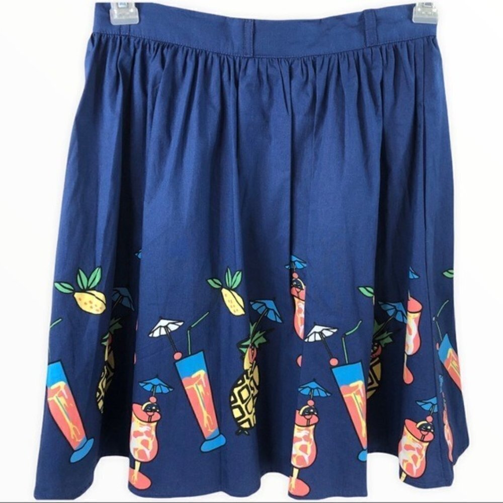 Modcloth Skirt M Margarita Pineapple Novelty Print Blue Casual Vacation Cruise - Picture 3 of 13